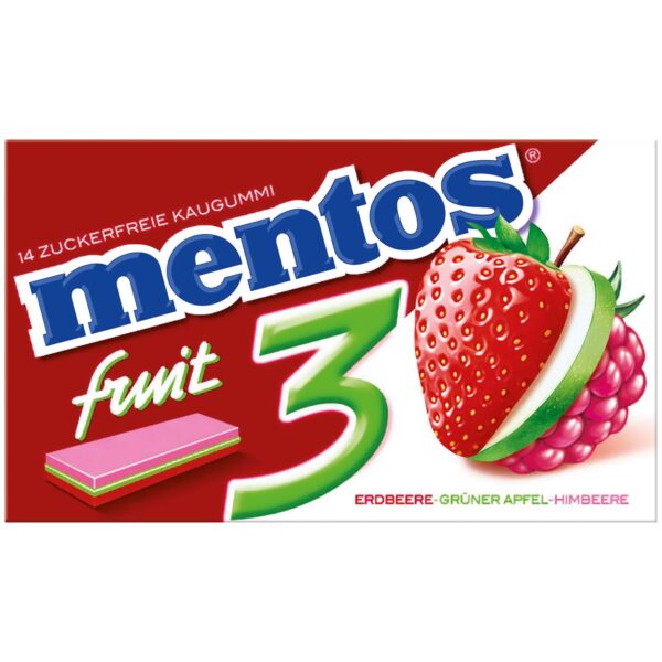 Mentos Fruit 3 Kaugummi Erdbeere Gruener Apfel Himbeere 14er No1 0649
